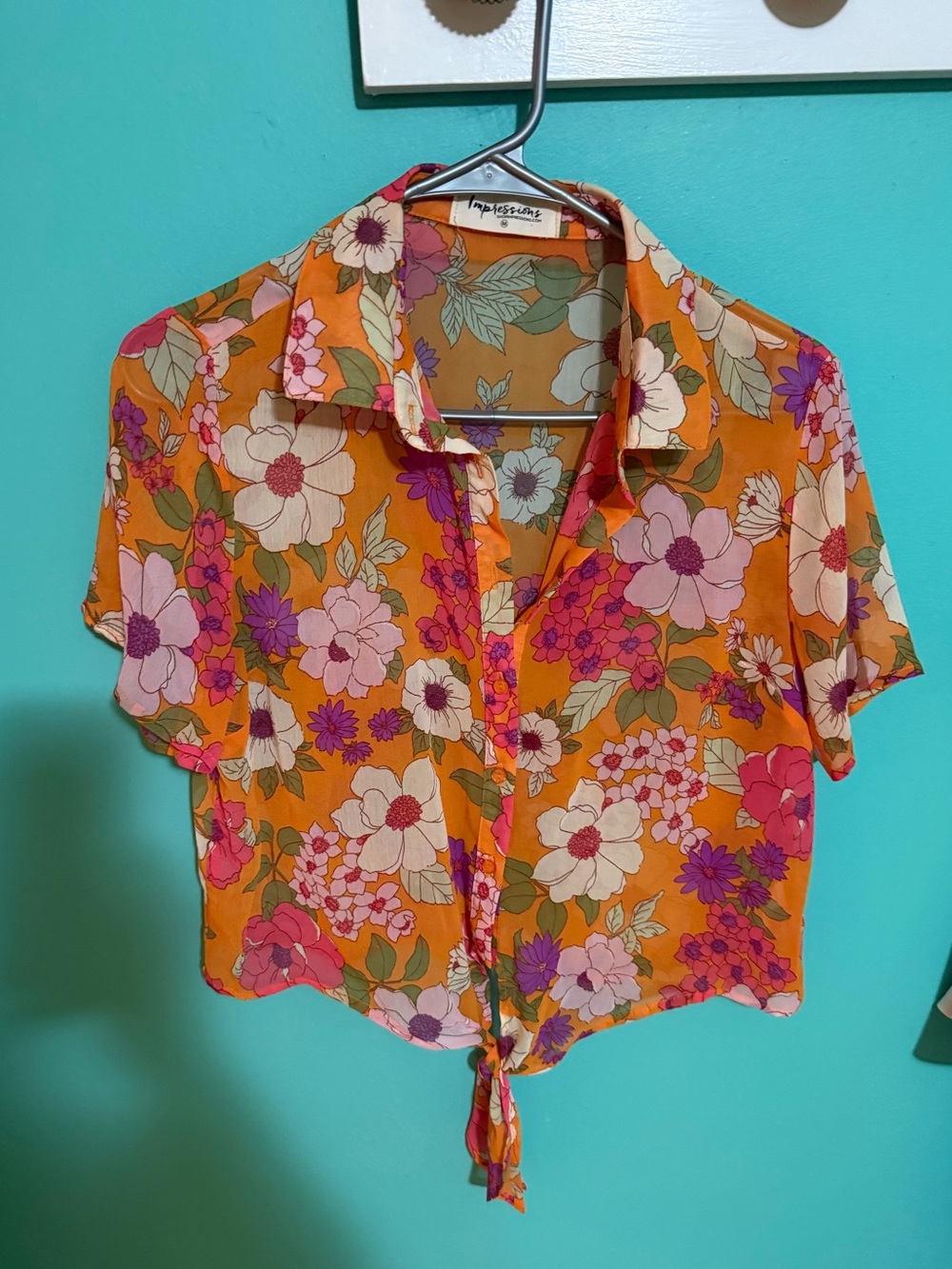 Impressions Orange Retro Floral Tie-Front Blouse